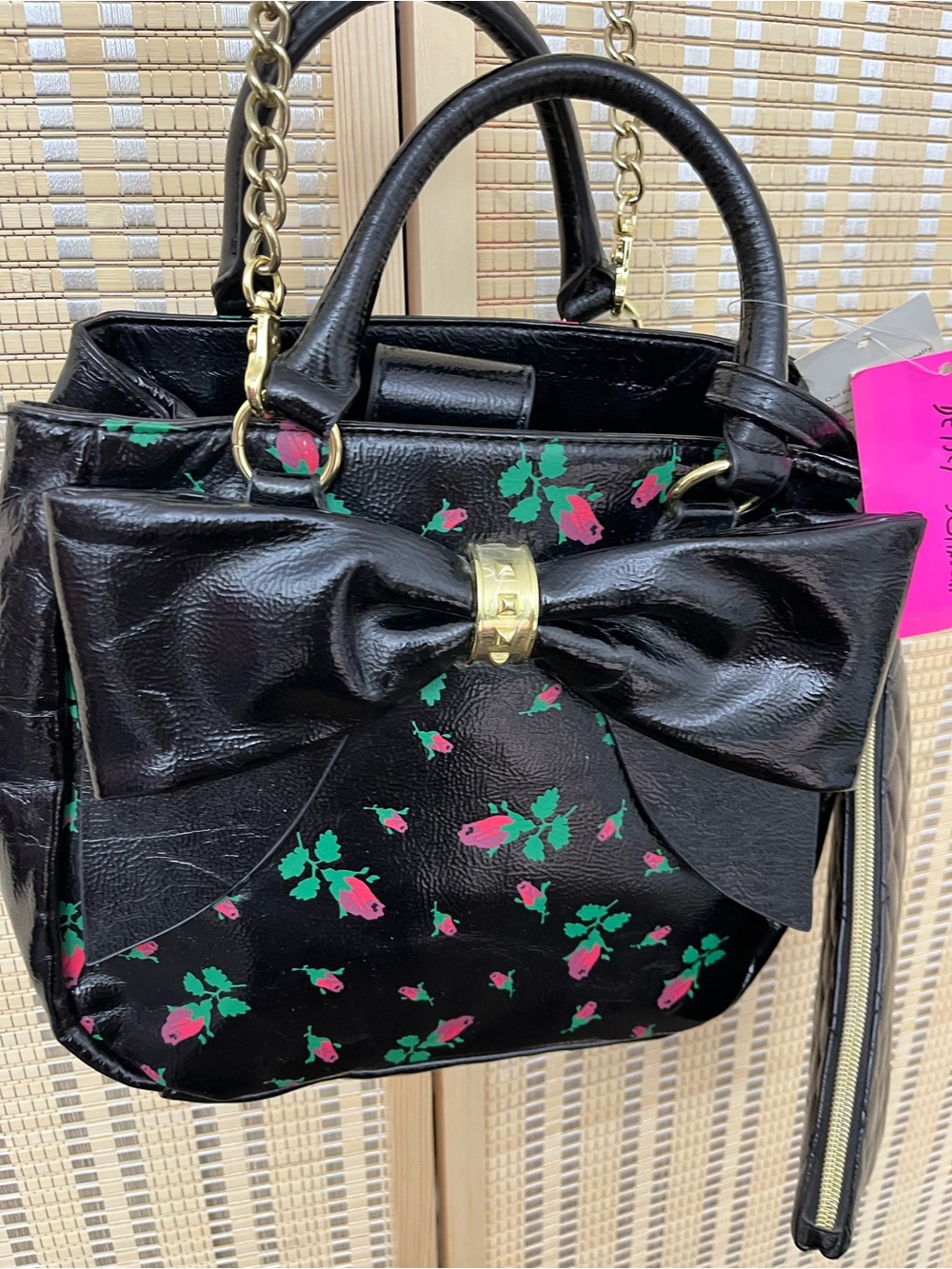 NWTBetsey Johnson Black Satchel with Pink & Green Floral Print and Bow Accent